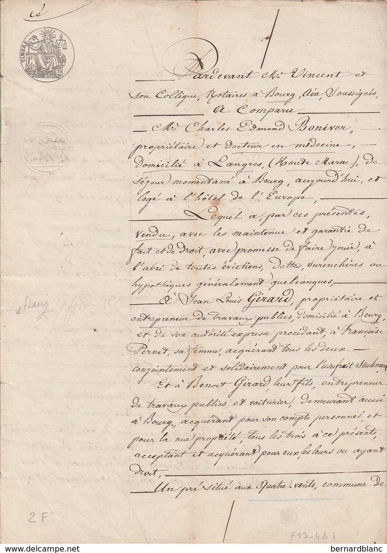 VP 2 FEUILLES - 1849 - VENTE - BOURG - DOCTEUR EN MEDECINE A LANGRES DANS LA HAUTE MARNE - Manuscrits