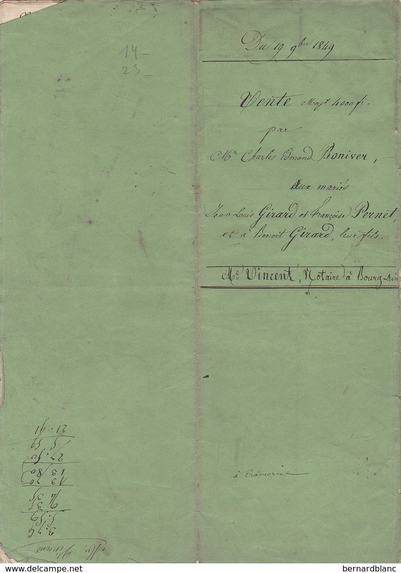 VP 2 FEUILLES - 1849 - VENTE - BOURG - DOCTEUR EN MEDECINE A LANGRES DANS LA HAUTE MARNE - Manuscrits