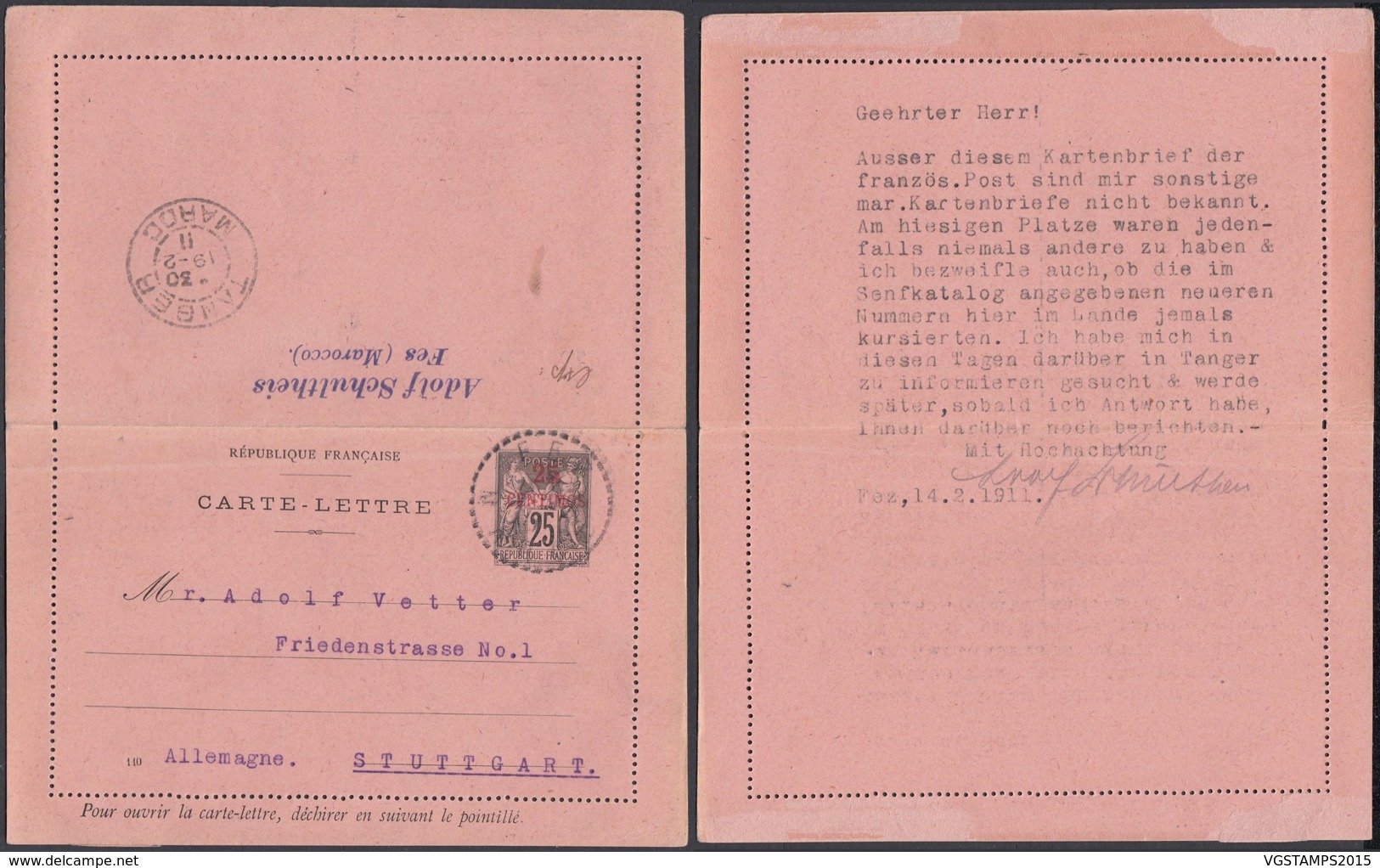Maroc 1911 - EP 25C Surchargé " FEZ " Vers Stuttgart Allemagne  (6G19465) DC1520 - Covers & Documents