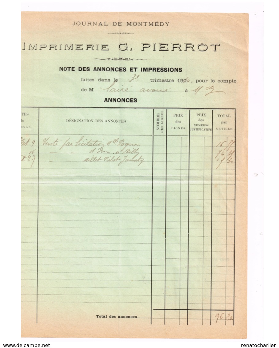 Note Des Annonces Et Impressions.Journal De Montmédy. - 1900 – 1949