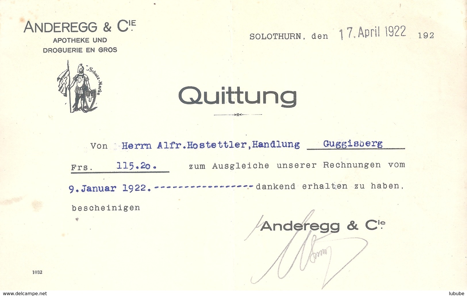 Quittung  "Anderegg, Apotheke Und Droguerie En Gros, Solothurn"           1922 - Svizzera