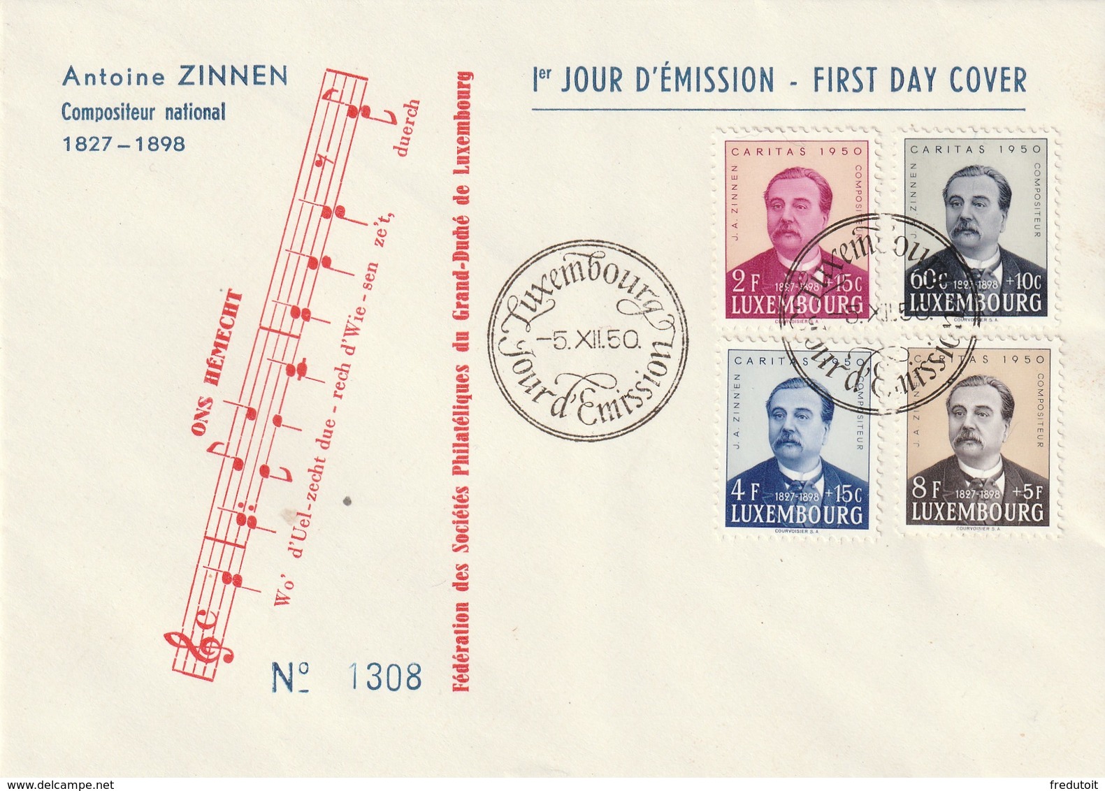 FDC - LUXEMBOURG - 1950 - Compositeur National : Antoine ZINNEN - FDC