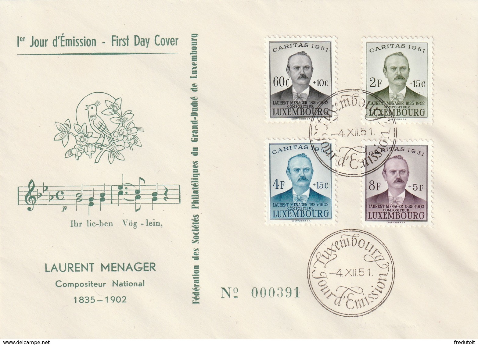 FDC - LUXEMBOURG - 1951 - Compositeur National : Laurent MENAGER - FDC