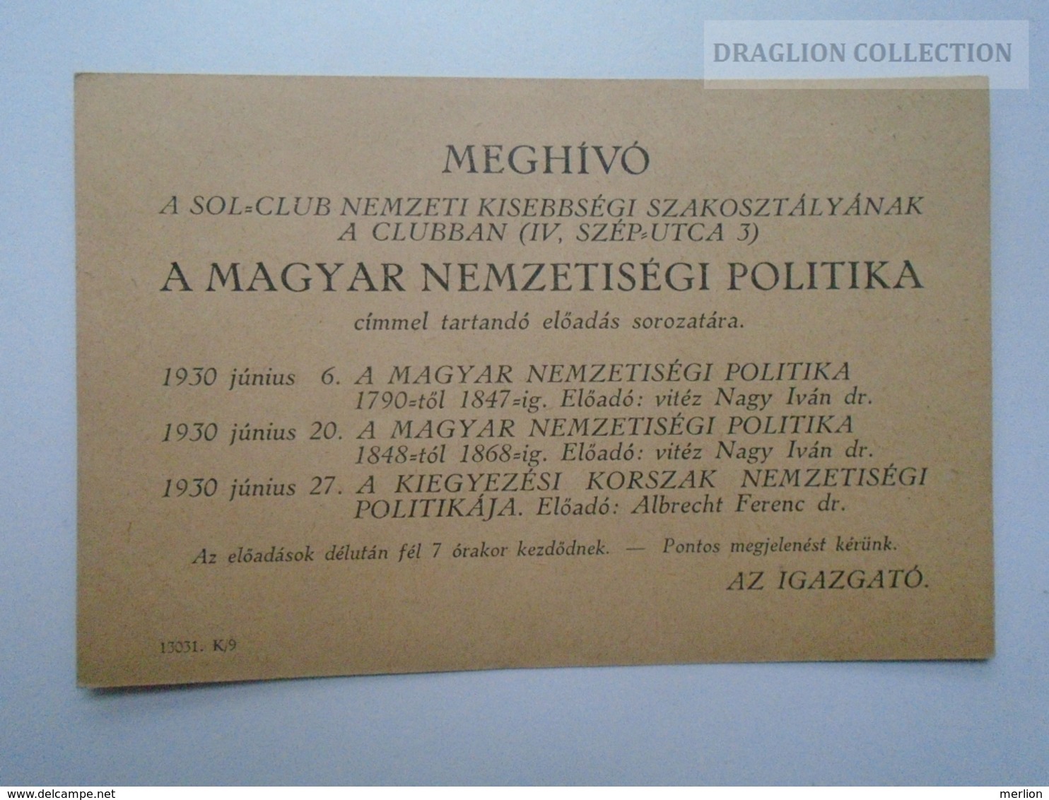 ZA159.28  Hungary  - SOL CLUB Budapest - Postcard - Levelező Lap - Meghívó Invitation - 1930  Vitéz Nagy Iván - Publicités