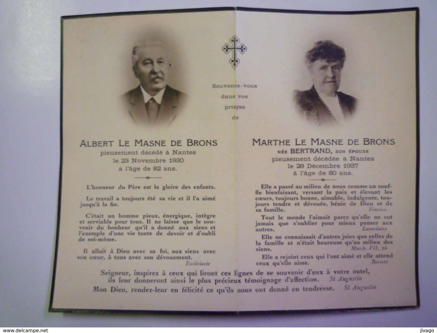 FAIRE-PART De Décès De  Albert Et Marthe  MASNE De BRONS  1930 - 1937   - Décès