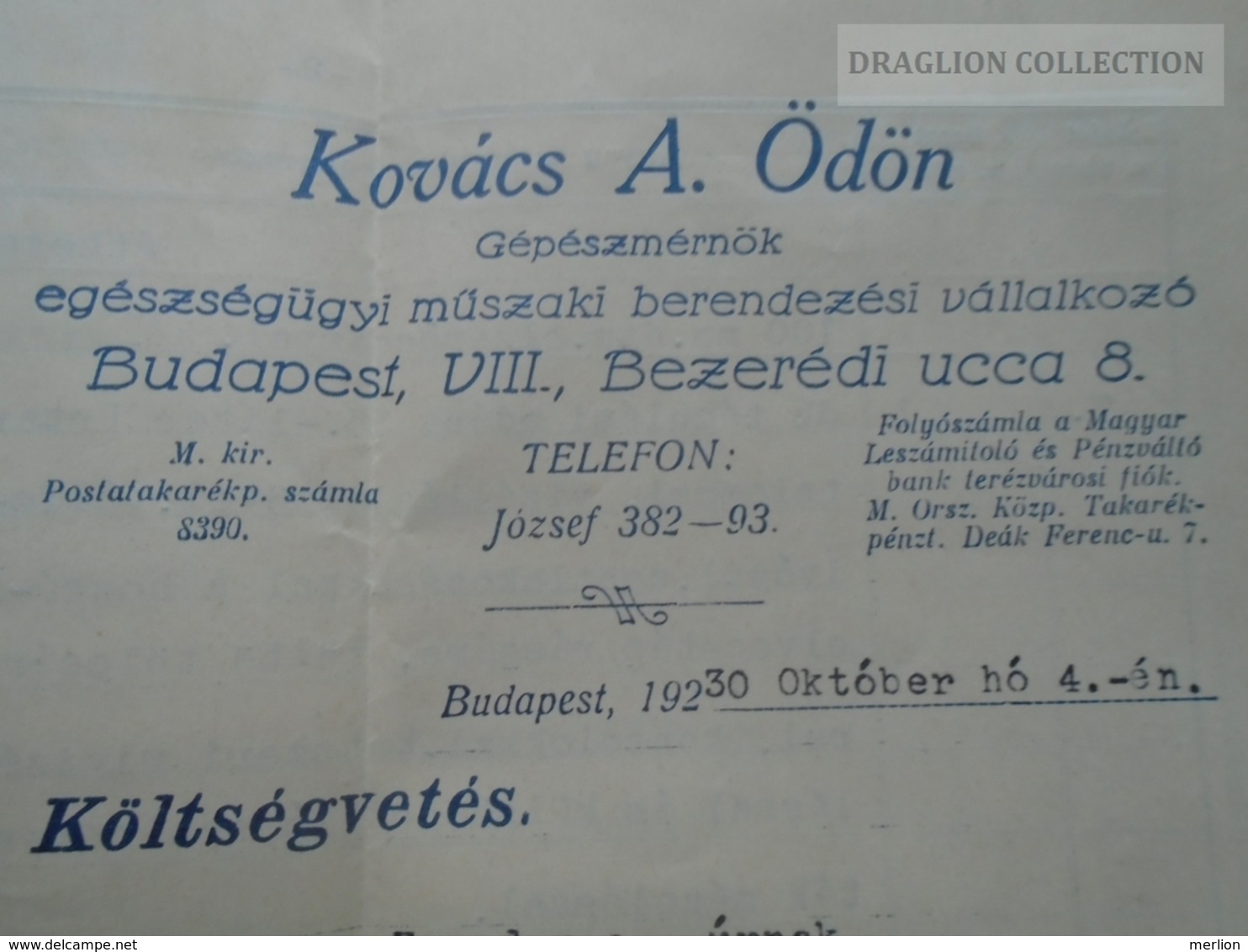 ZA159.30 Hungary  Invoice - KOVÁCS A. ÖDÖN - Műszaki Berendezések Budapest 1930 Tunyogi Szűcs Endre - Autres & Non Classés