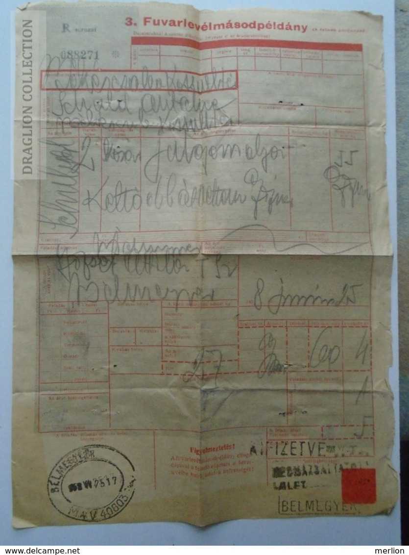 ZA159.32 Hungary Railway - Train - Frachtbrief - Lettre De Voiture - Békéscsaba Kossuth Tér 1958 - Otros & Sin Clasificación