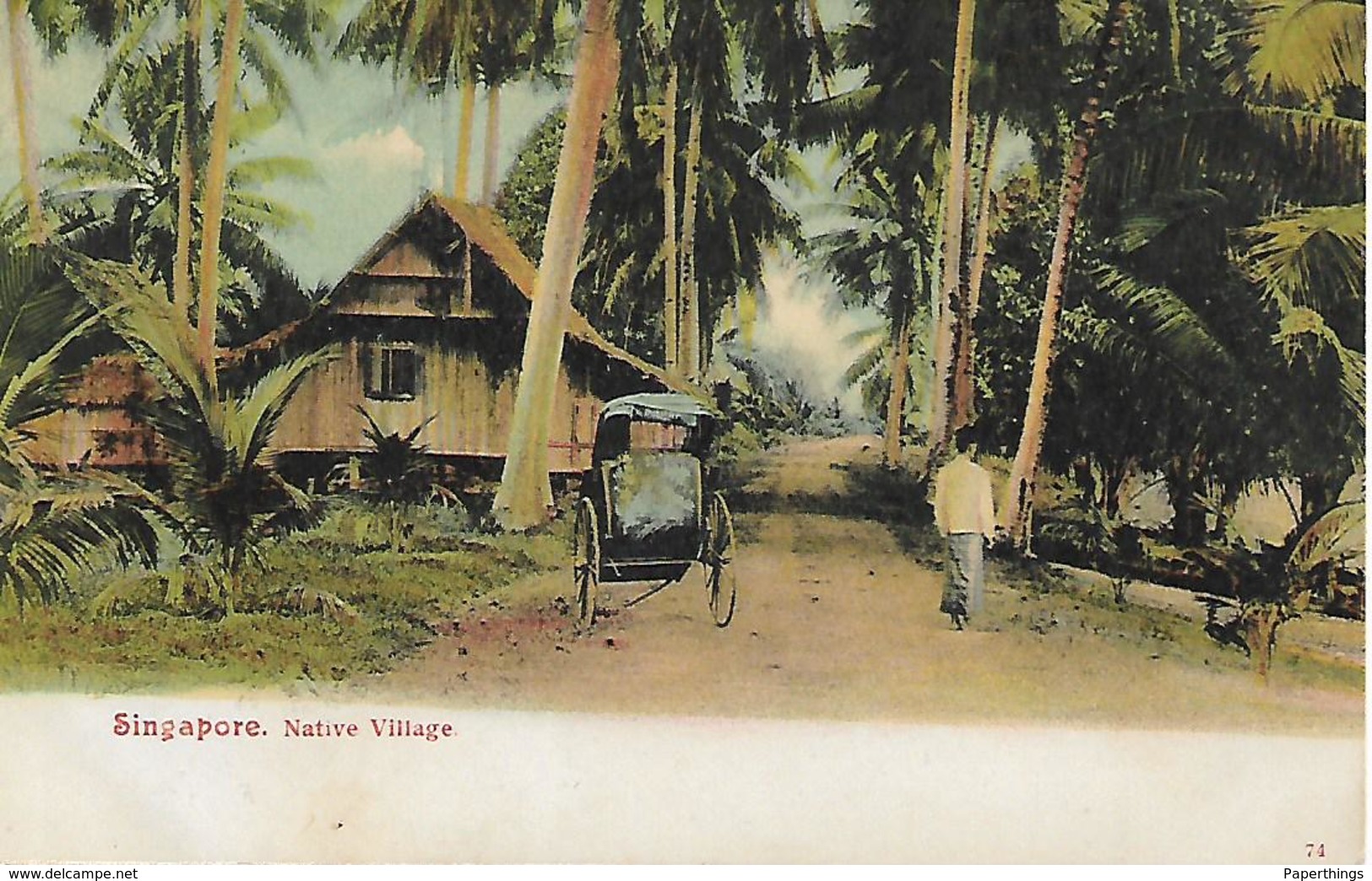 Old Colour Postcard, China, Native Village, Singapore. Cart, Huts, House. - Singapore