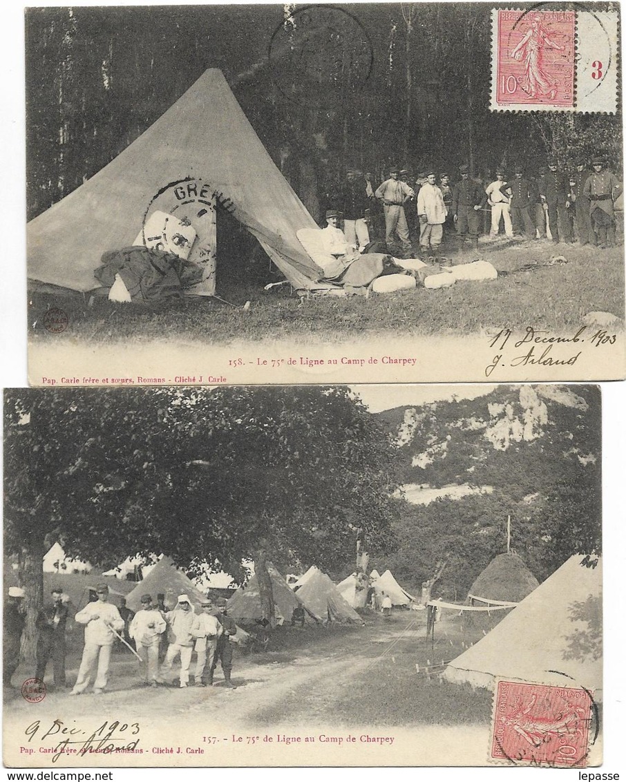 26 CPA CHARPEY 2 CARTES MILITAIRES LE 75 EME DE LIGNE AU CAMP DE CHARPEY - Autres & Non Classés