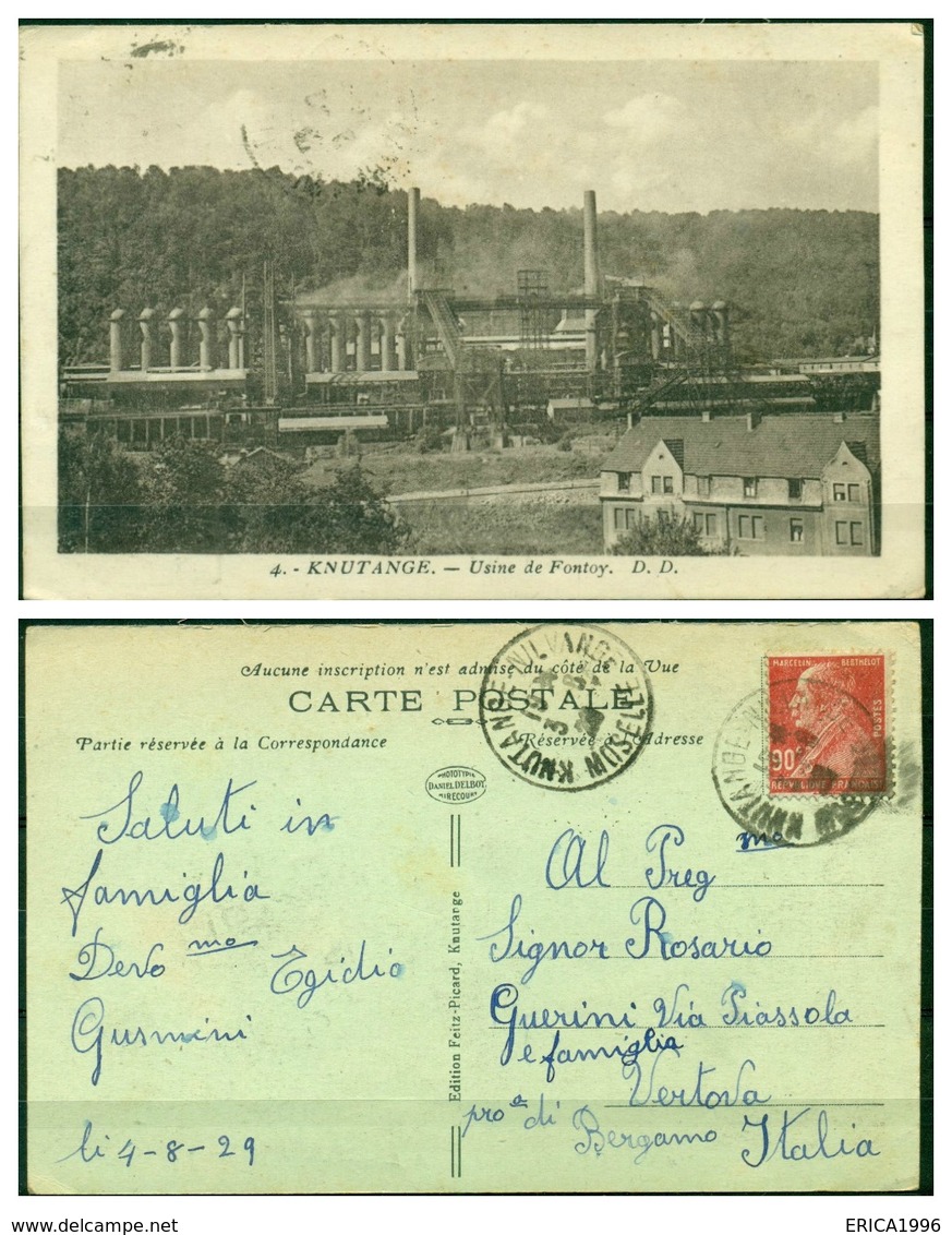 CARTOLINA - FRANCIA - CV920  FRANCE 1929 Knutange (Moselle) Usine De Fontoy, FP, Viaggiata Per L'Italia 1929, - Other & Unclassified