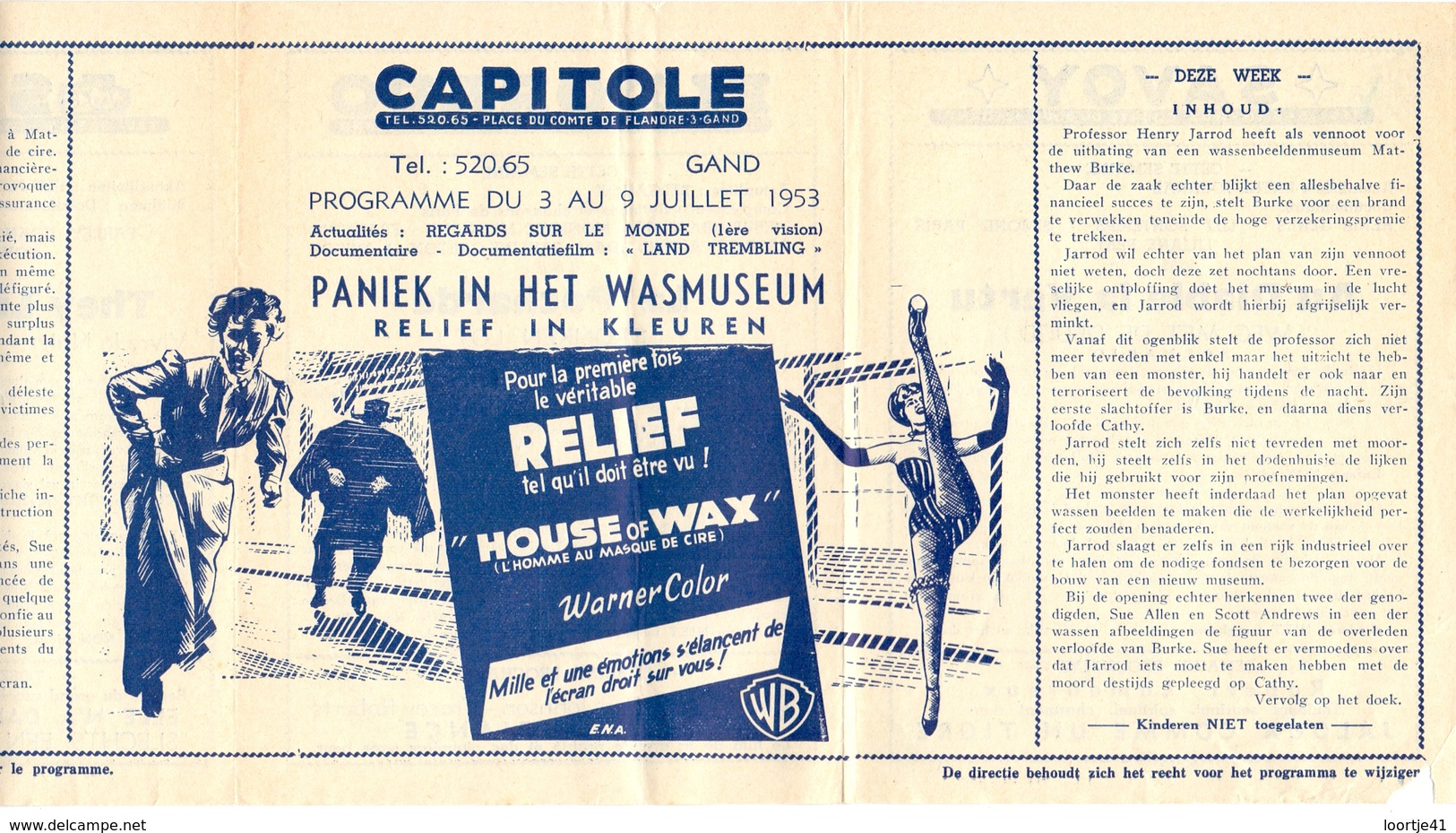 Ciné  Bioscoop Programma Cinema Capitole - Savoy - Select - Eldorado - Gent - Film House Of Wax - 1953 - Publicité Cinématographique