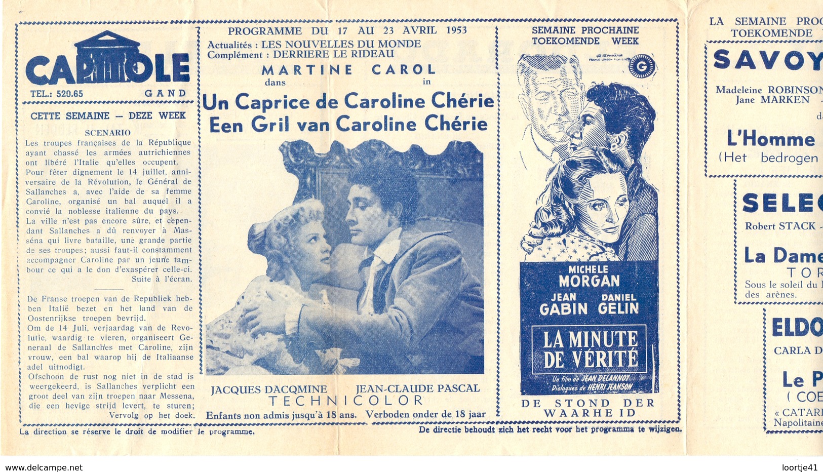 Ciné  Bioscoop Programma Cinema Capitole - Savoy - Select - Eldorado - Gent - Film Un Caprice De Caroline Chérie  - 1953 - Publicidad