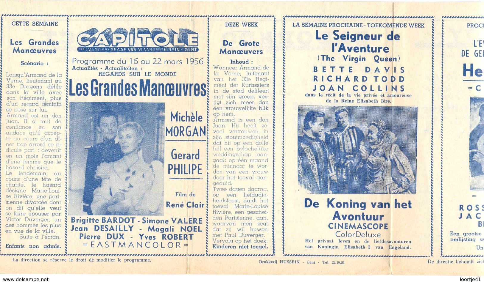 Ciné  Bioscoop Programma Cinema Capitole - Savoy - Select - Eldorado - Gent - Film Les Grandes Manoeuvres - 1956 - Publicité Cinématographique