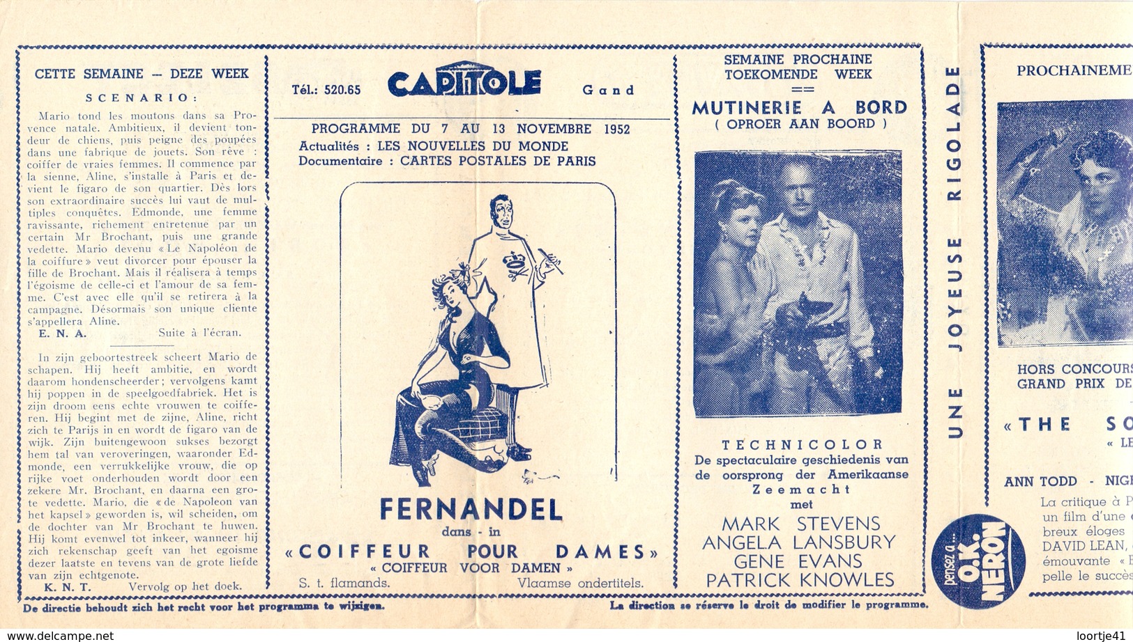 Ciné  Bioscoop Programma Cinema Capitole - Savoy - Select - Eldorado - Gent - Film Fernandel - 1952 - Publicité Cinématographique