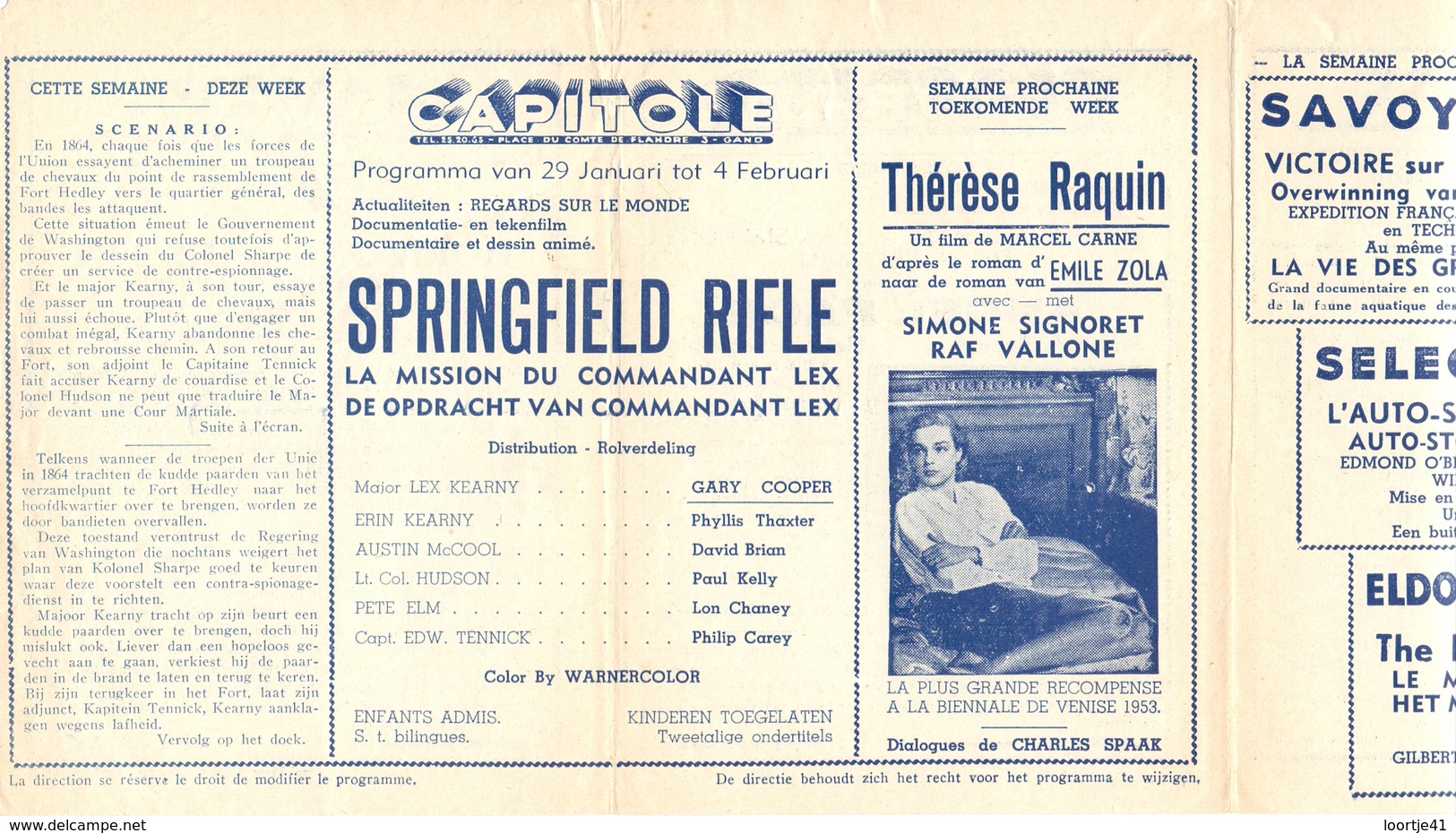 Ciné  Bioscoop Programma Cinema Capitole - Savoy - Select - Eldorado - Gent - Film Springfield Rifle - 1953 - Publicité Cinématographique