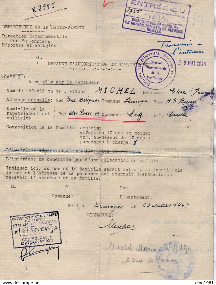 VP14.250 - LIMOGES X METZ 1945 - Direction Générale Des Prisonniers De Guerre Déportés Et Réfugiés - Rapatriement - Documents