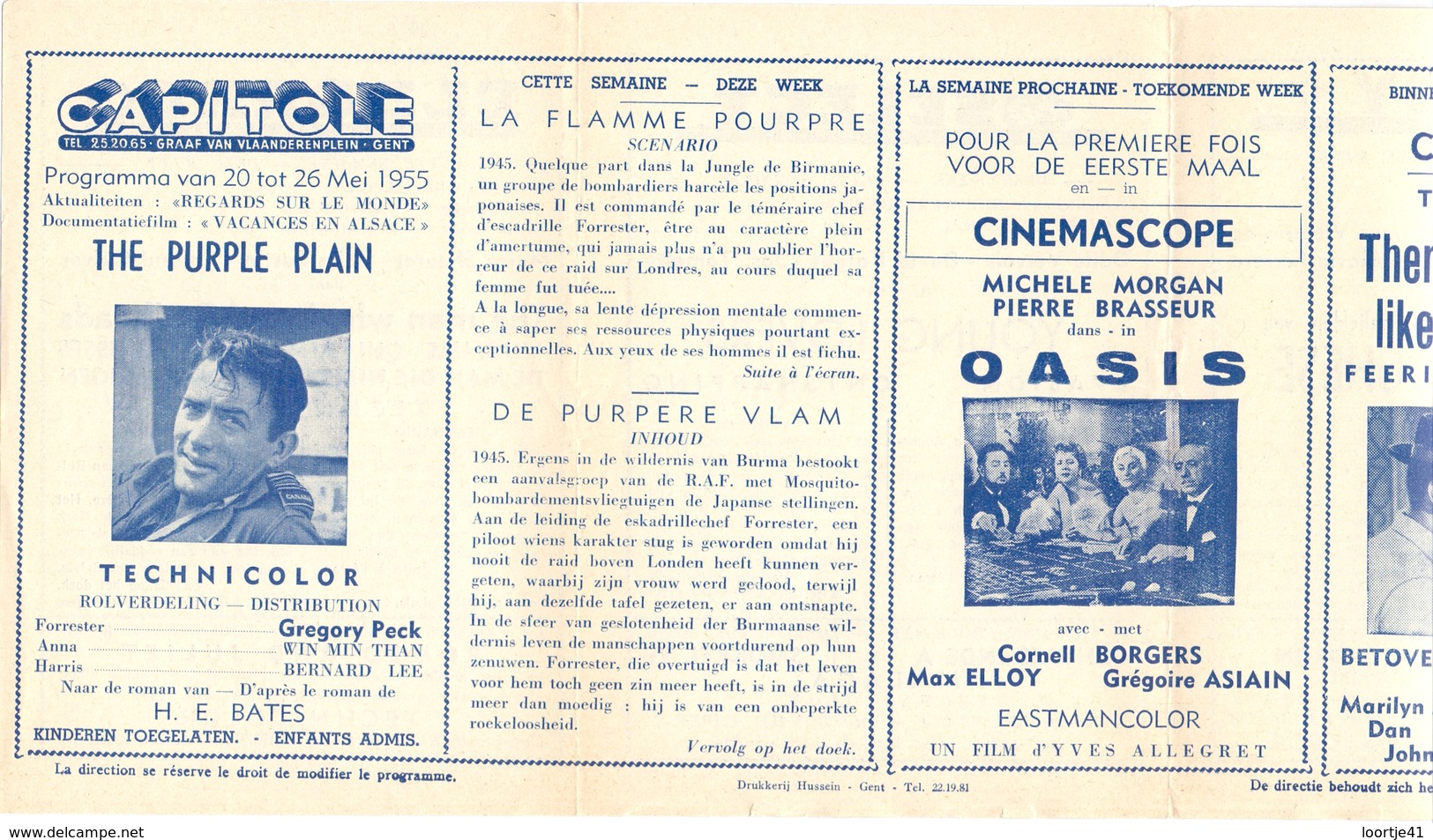 Ciné  Bioscoop Programma Cinema Capitole - Savoy - Select - Eldorado - Gent - Film The Purple Plain - 1955 - Publicité Cinématographique