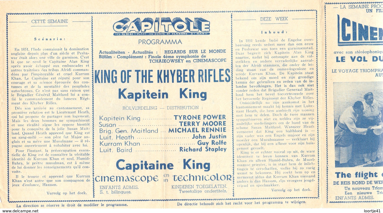 Ciné  Bioscoop Programma Cinema Capitole - Savoy - Select - Eldorado - Gent - Film Capitaine King - 195? - Cinema Advertisement