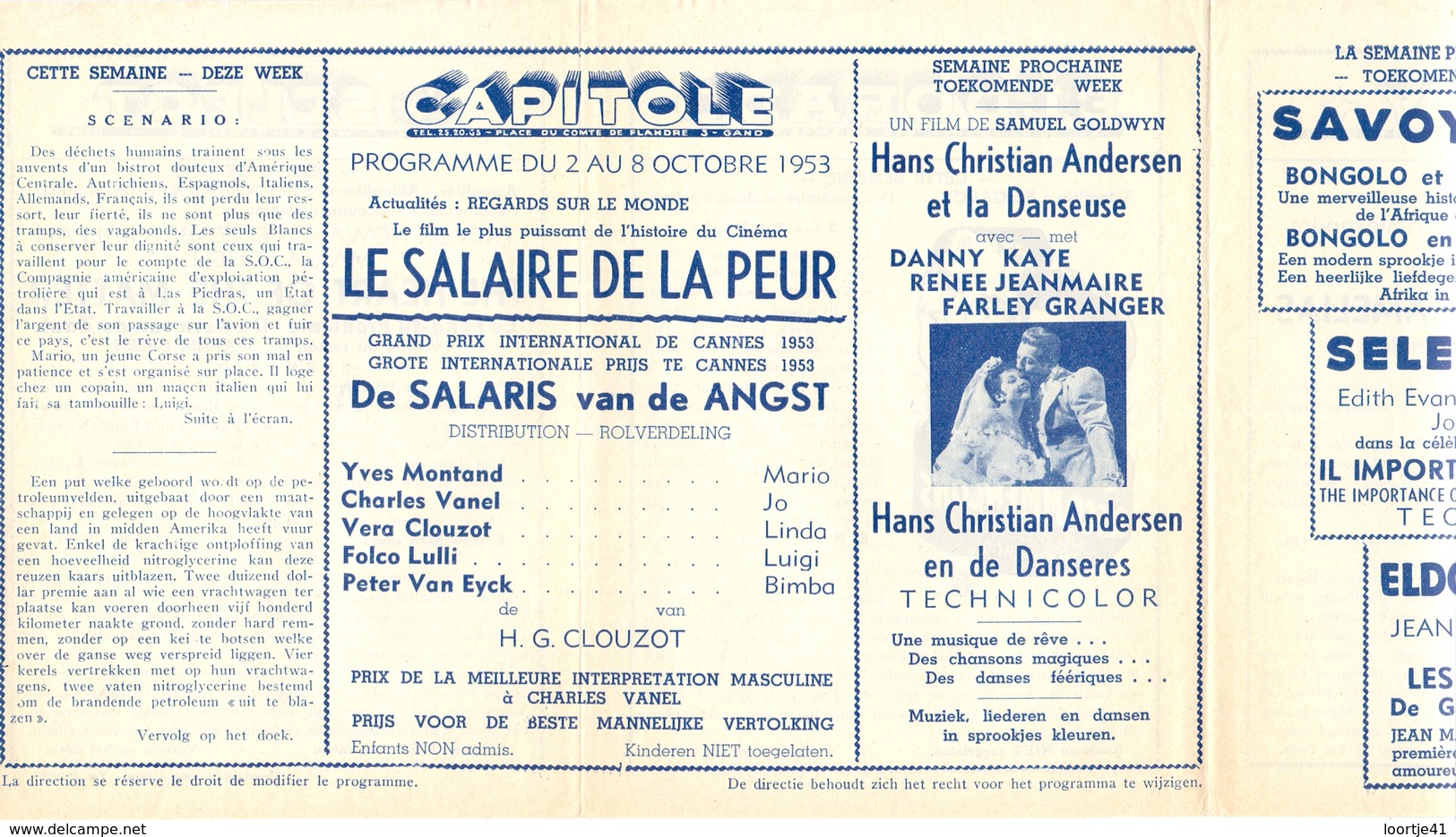 Ciné  Bioscoop Programma Cinema Capitole - Savoy - Select - Eldorado - Gent - Film La Salaire De La Peur - 1953 - Publicité Cinématographique