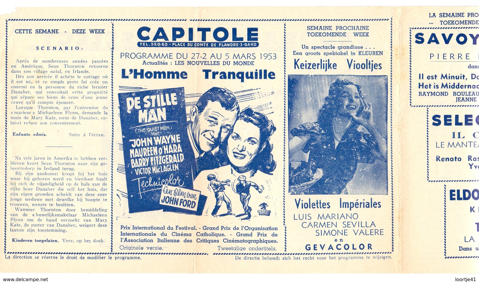 Ciné  Bioscoop Programma Cinema Capitole - Savoy - Select - Eldorado - Gent -  The Quiet Man - L'Homme Tranquille - 1953 - Publicité Cinématographique