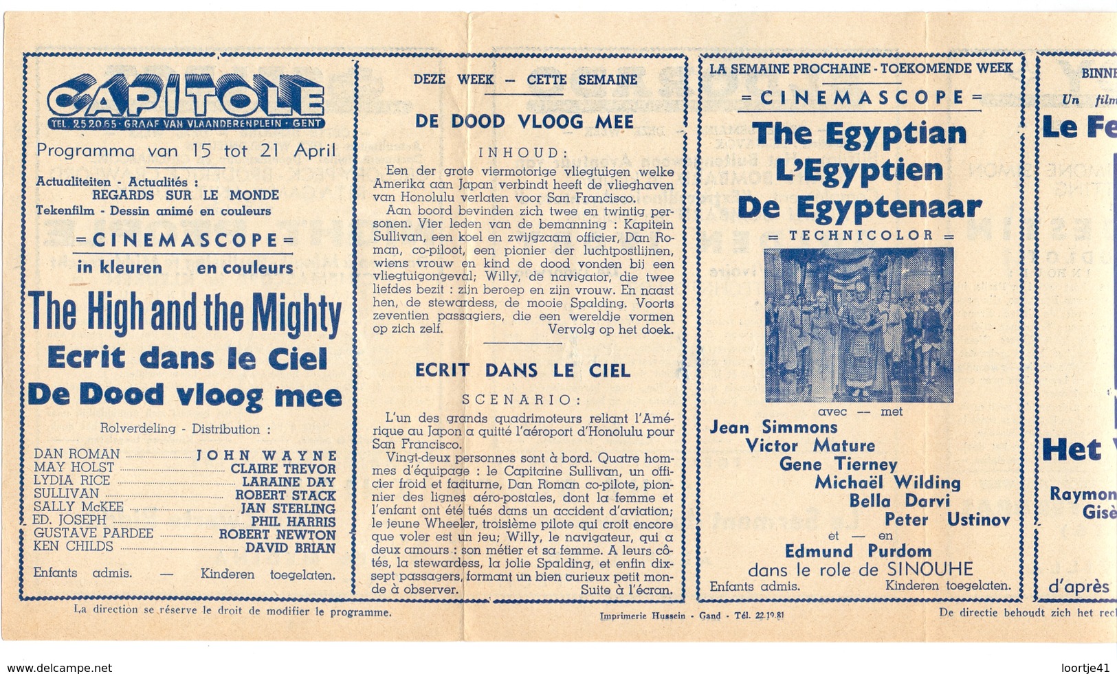 Ciné  Bioscoop Programma Cinema Capitole - Savoy - Select - Eldorado - Gent - Film The High And The Mighty  195? - Publicité Cinématographique