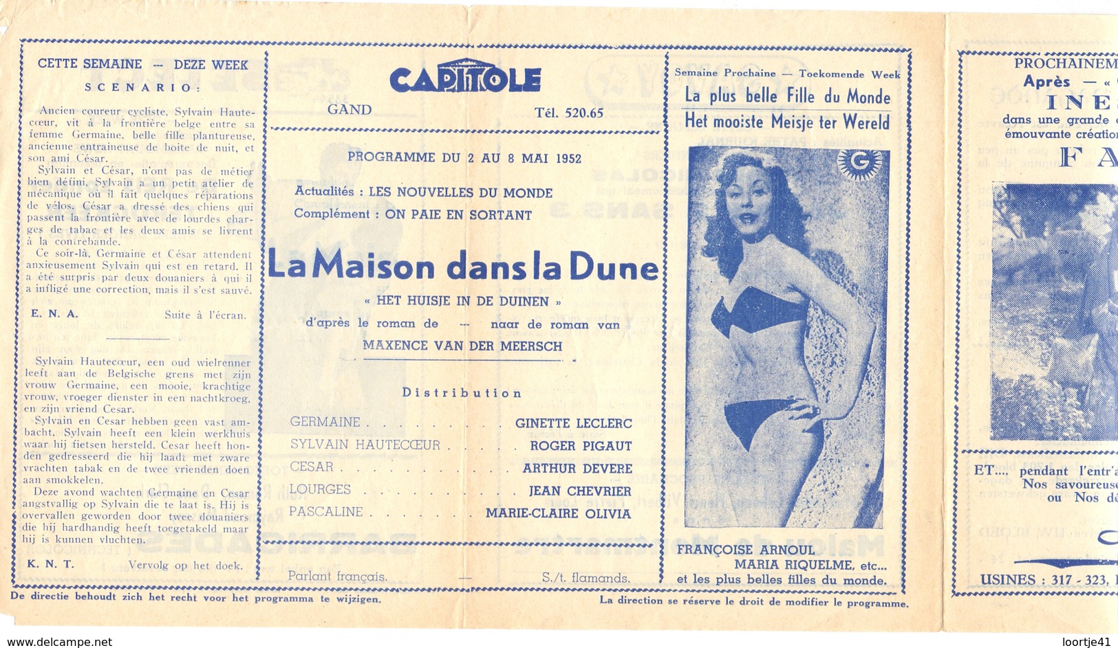 Ciné  Bioscoop Programma Cinema Capitole - Savoy - Select - Eldorado - Gent - Film La Maison Dans La Dune  - 1952 - Publicité Cinématographique