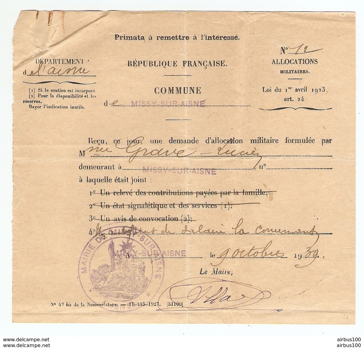 DOCUMENT 9 OCTOBRE 1939 COMMUNE DE MISSY SUR AISNE DEMANDE ALLOCATION MILITAIRE Mr GRAVE - Documents