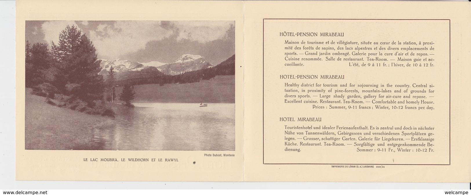 OLD BROCHURE - LEAFLET - FOLDER -   SWITZERLAND -     HOTEL PENSION MIRABEAU - MONTANA - 14 X 11 CM - Tourism Brochures