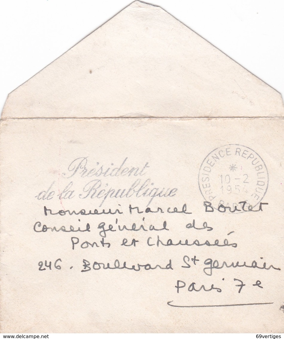 Mme René COTY, Carte Manuscrite, Enveloppe Président De La République, 1954 - Cartes De Visite