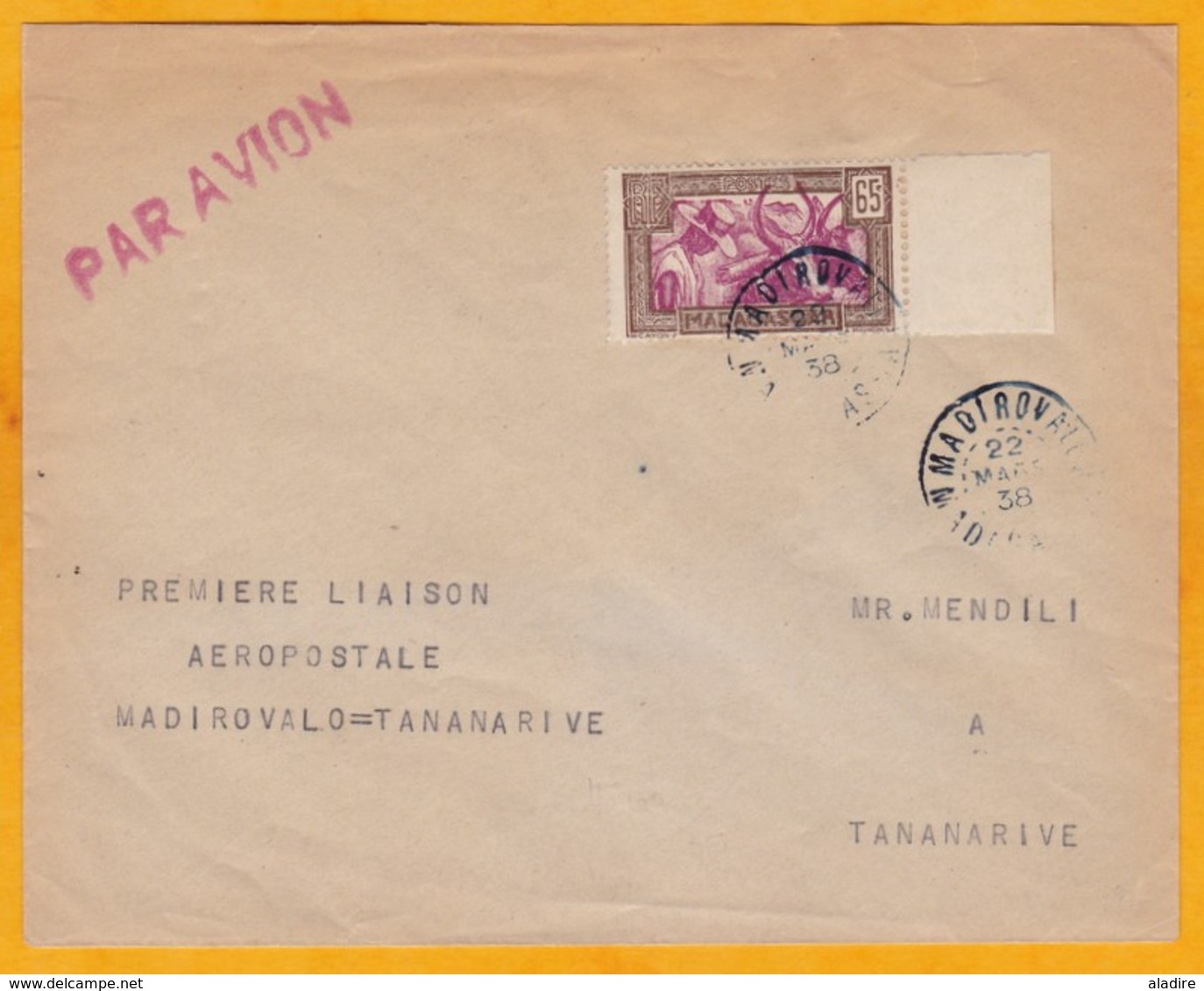 1938 - Enveloppe PAR AVION De Madirovalo Vers Tananarive, Madagascar - Cad Arrivée - Affrt 65 C T Seul Bord De Feuille - Lettres & Documents