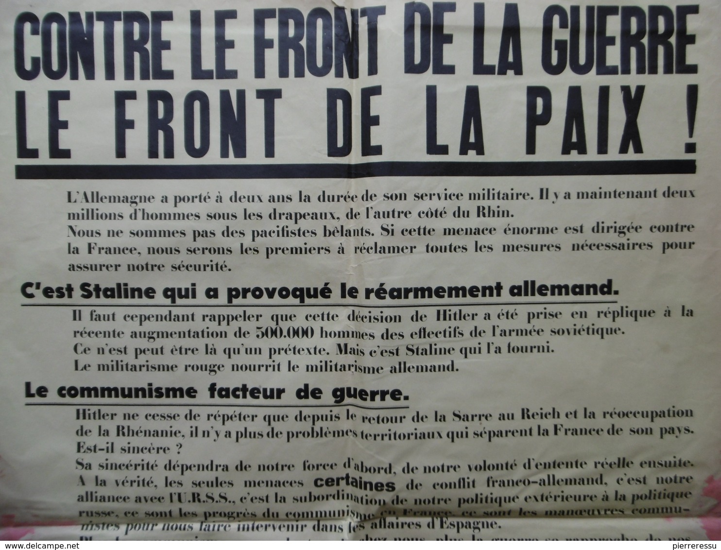 AFFICHE PROPAGANDE PPF DORIOT CONTRE LE FRONT DE LA GUERRE LE FRONT DE LA PAIX 85 X 60 Cm - Posters