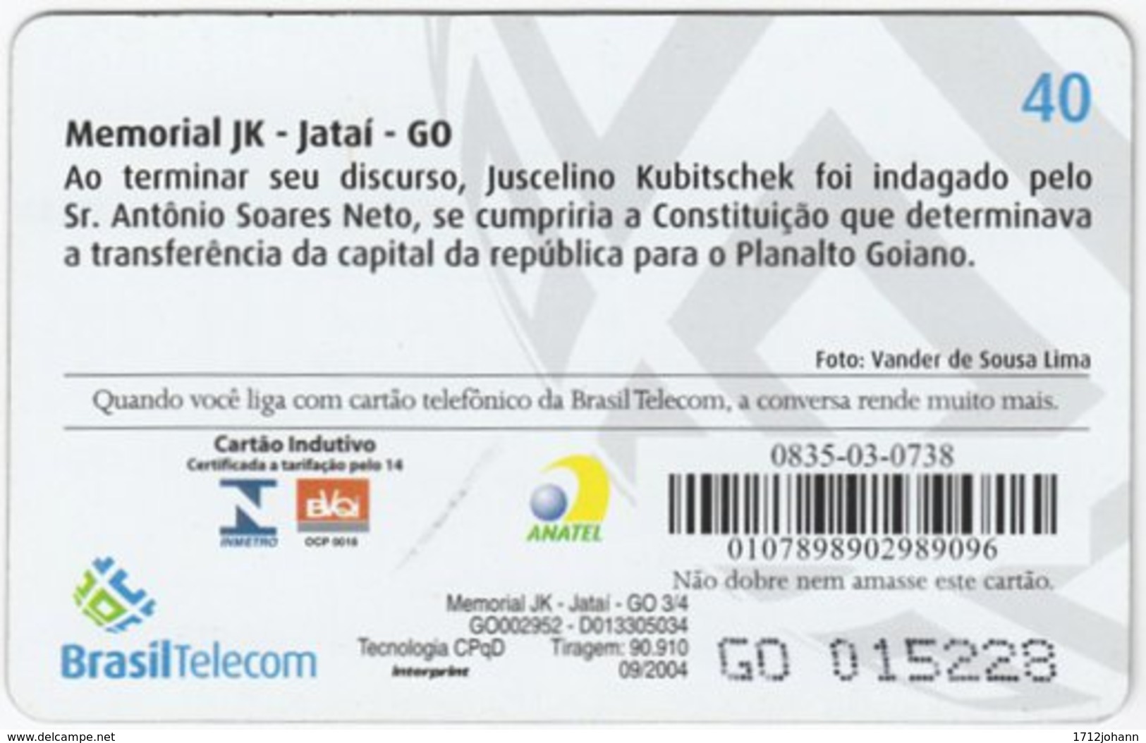 BRASIL G-793 Magnetic BrasilTelecom - Memorial Juscelino Kubitschek (Puzzle 3 Of 4) - Used - Brazil