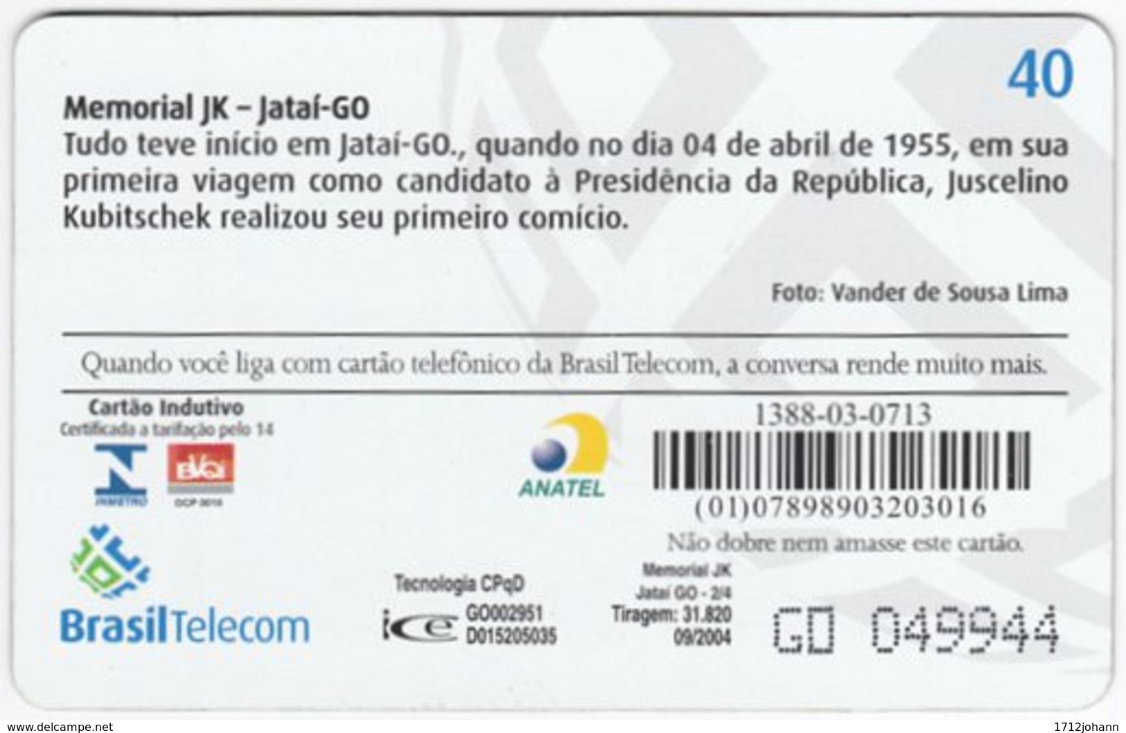 BRASIL G-796 Magnetic BrasilTelecom - Memorial Juscelino Kubitschek (Puzzle 2 Of 4) - Used - Brasilien