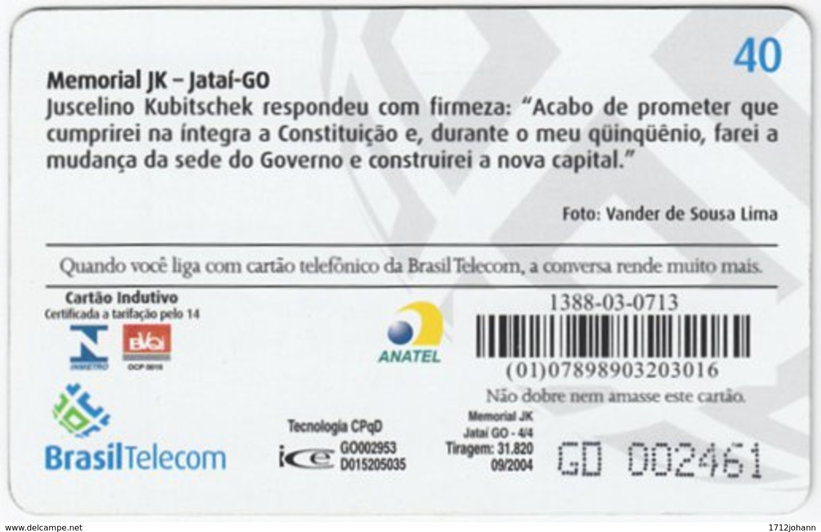 BRASIL G-797 Magnetic BrasilTelecom - Memorial Juscelino Kubitschek (Puzzle 4 Of 4) - Used - Brasilien