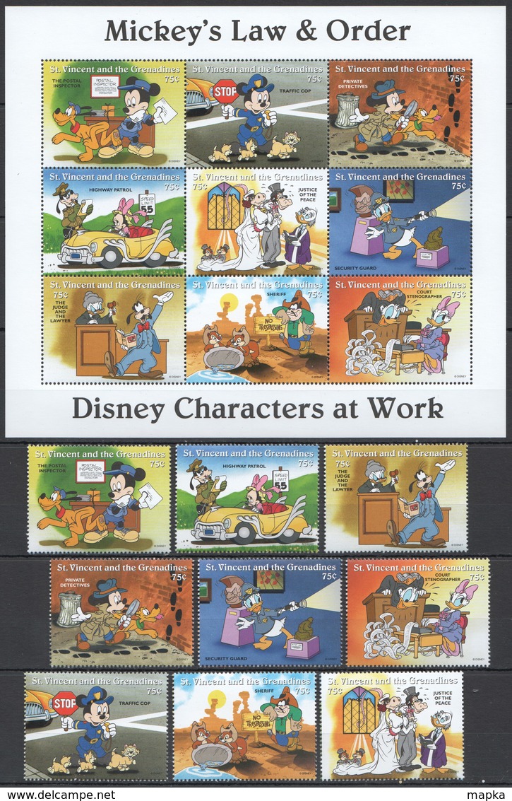 D320 ST.VINCENT DISNEY CHARACTERS AT WORK MICKEY'S LAW & ORDER 1KB+1SET MNH - Disney