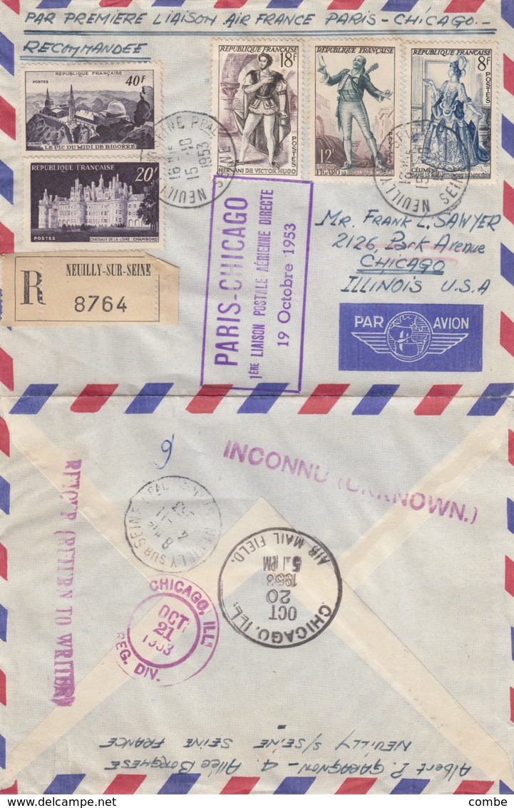 LETTRE.   PREMIER VOL  PARIS CHICAGO AIR FRANCE 1953 - 1960-.... Lettres & Documents