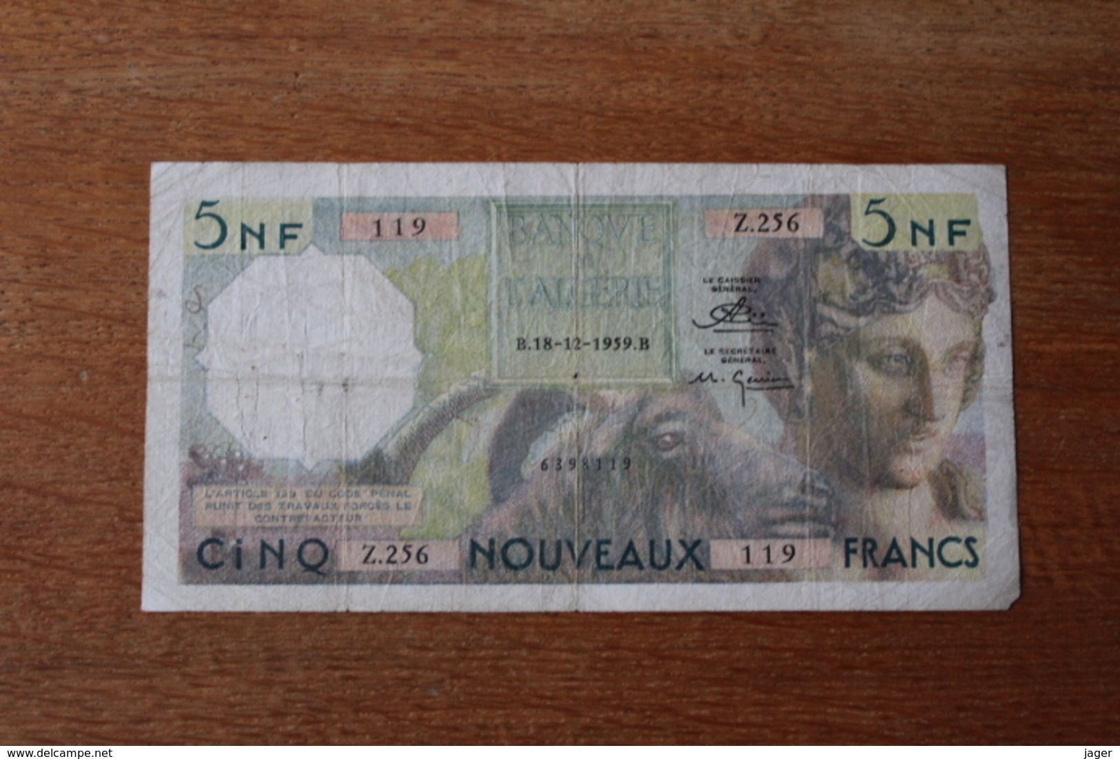Billet  5 Francs   Banque De L'Algérie  5 Nouveaux Francs   1959 - Algérie