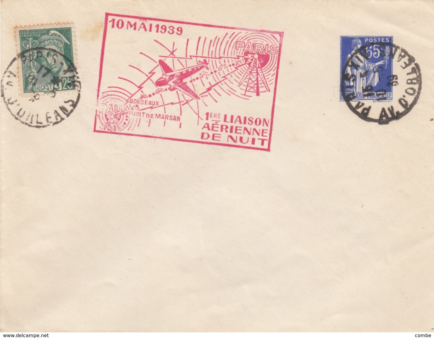 LETTRE.  1939. 1° LIAISON AERIENNE DE NUIT  PARIS PAU - 1960-.... Lettres & Documents