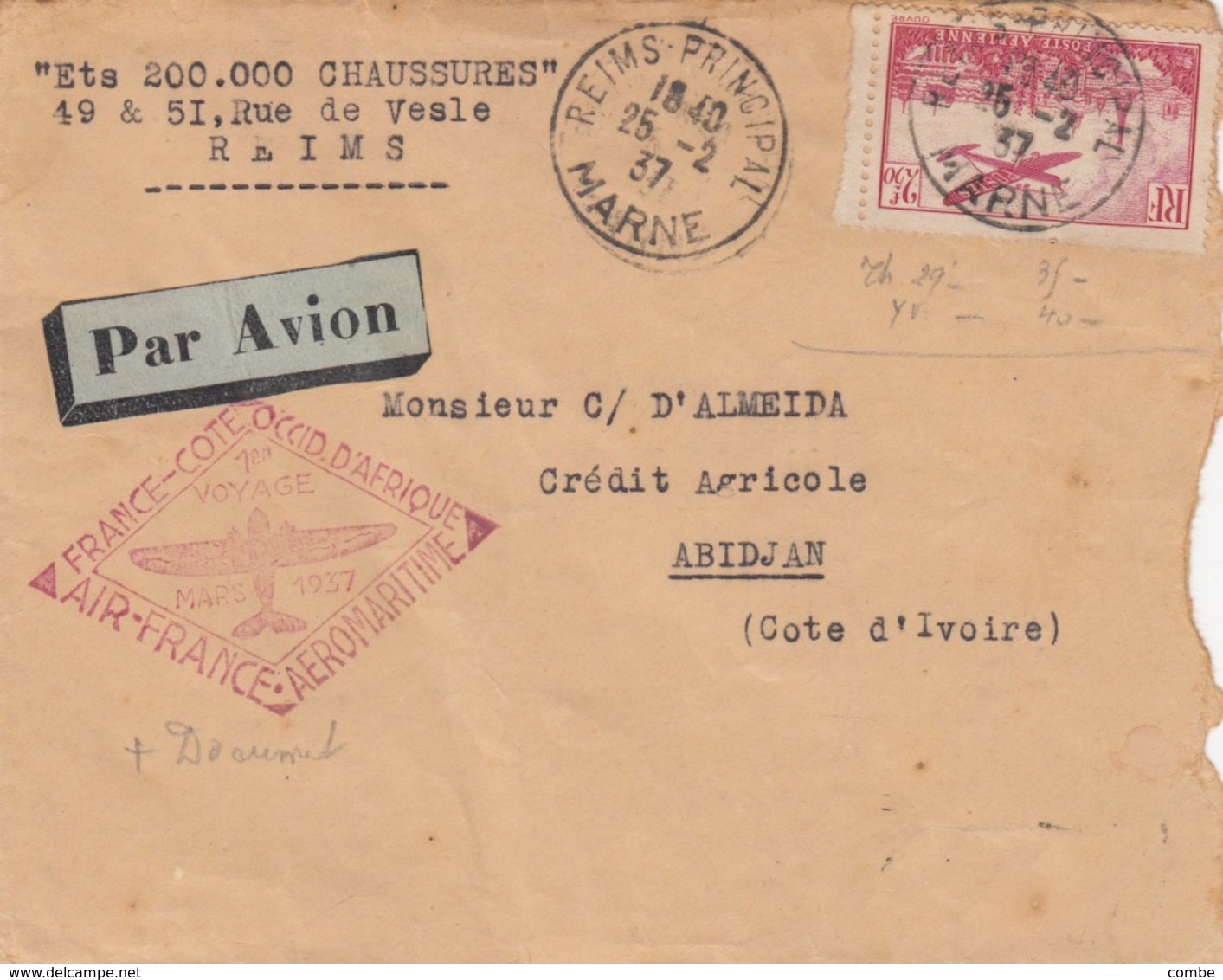 LETTRE.  1937. PREMIER VOYAGE AIR-FRANCE AERO-MARITIME FRANCE COTE OCCIDENTALE D'AFRIQUE - 1960-.... Lettres & Documents