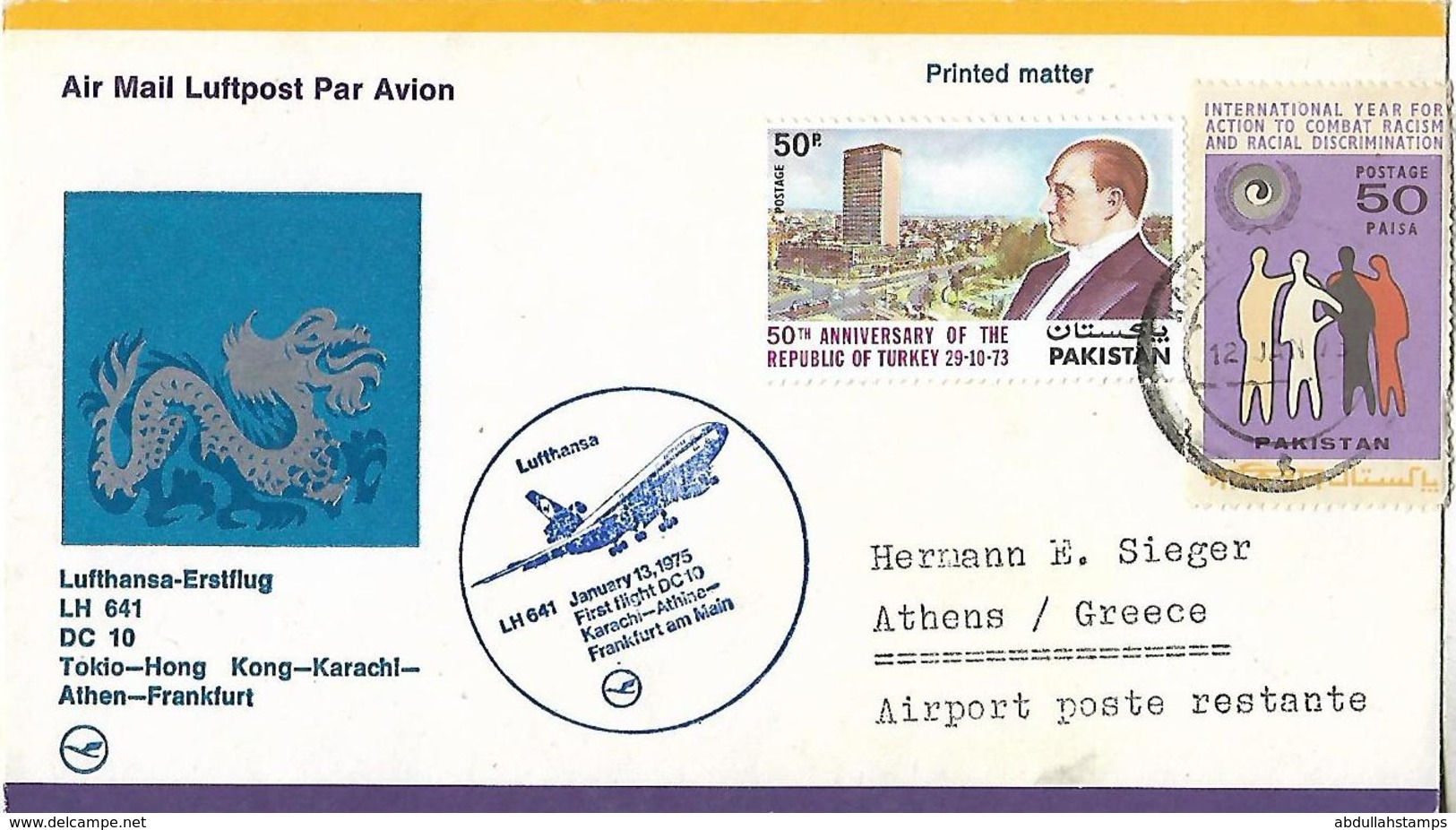 PAKISTAN 1975 LUFTHANSA FIRST FLIGHT COVER FROM KARACHI TO ATHENS WITH KEMAL ATATURK STAMPS - Pakistan