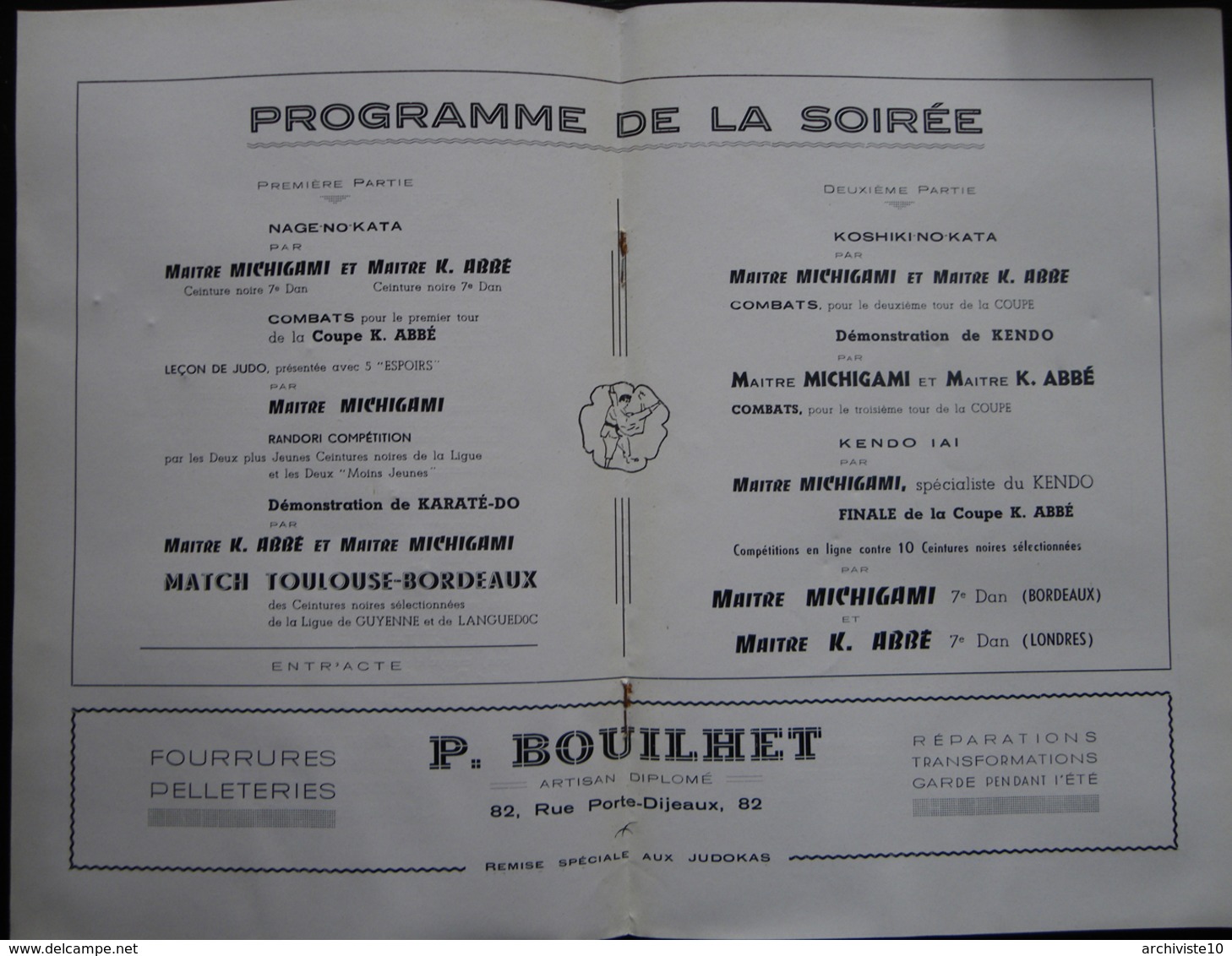 PROGRAMME OFFICIEL JUDO ALHAMBRA BORDEAUX 1956 MAITRE MICHIGAMI  MAITRE KENSHIRO ABBE KENDO NAGE-NO-KATA - Sports De Combat