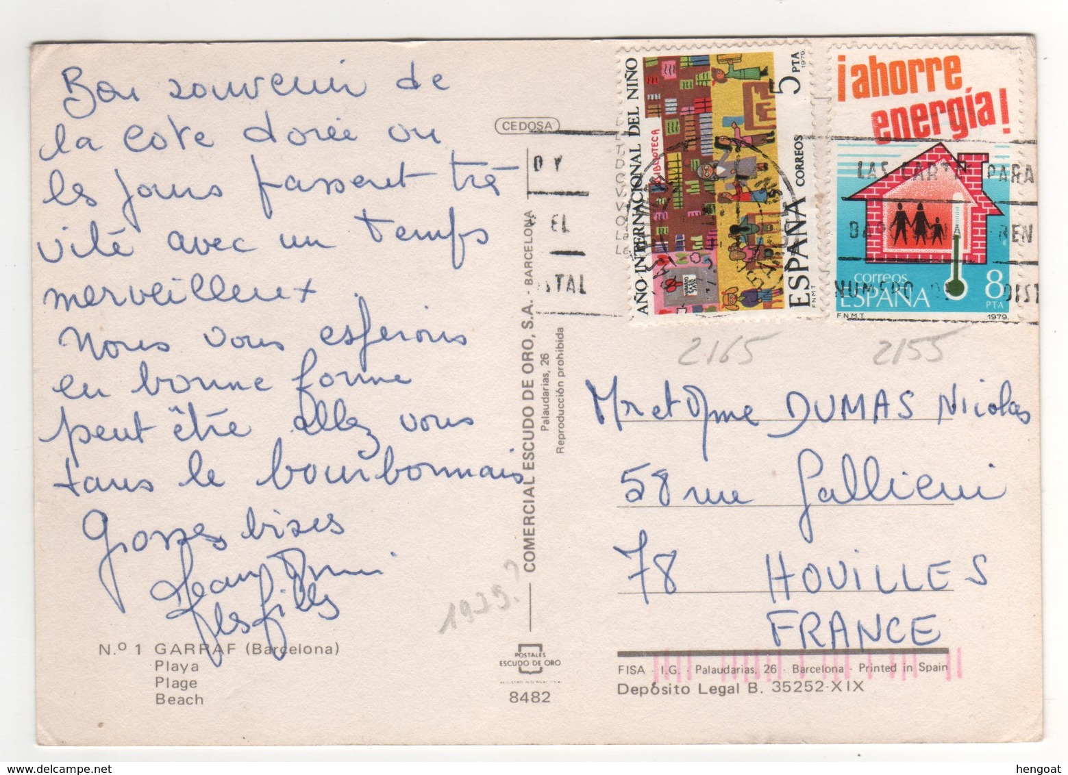 Timbre , Stamp Yvert N° 2165 , 2155 Sur CP , Carte , Postcard De 1979 ??  Pour La France - Lettres & Documents