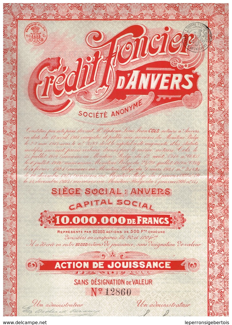 Action Ancienne - Crédit Foncier D' Anvers - Titre De 1924- N° 12860 - Banque & Assurance