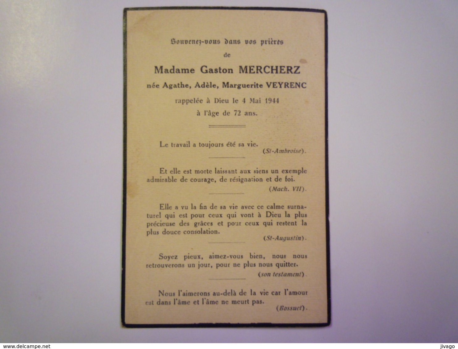 FAIRE-PART De Décès De  Mme Gaston MERCHERZ  Née Agathe  VEYRENC    1944   - Décès