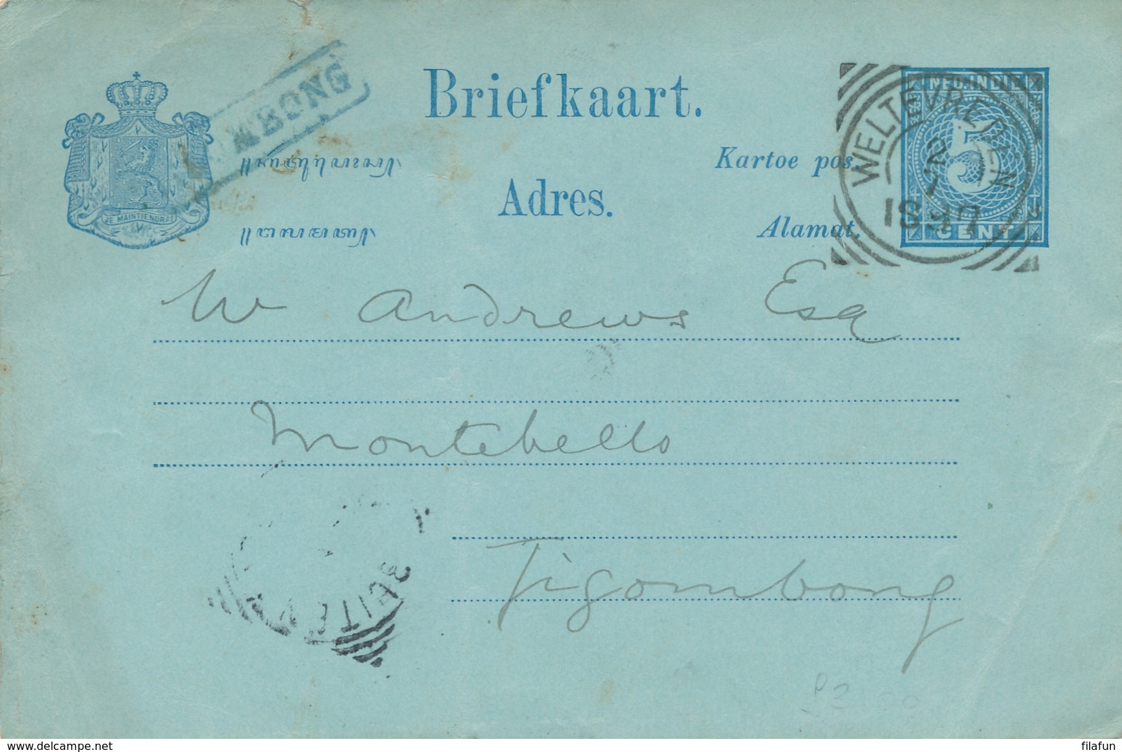 Nederlands Indië - 1897 - Langstempel GOMBONG Als Aankomststempel Op Briefkaart Uit VK Weltevreden - Indes Néerlandaises