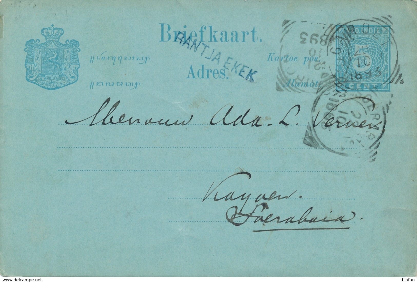 Nederlands Indië - 1893 - 5 Cent Cijfer, Briefkaart G10 Van Langstempel RANTJA EKEK Via VK Garoet Naar Soerabaja - Indes Néerlandaises