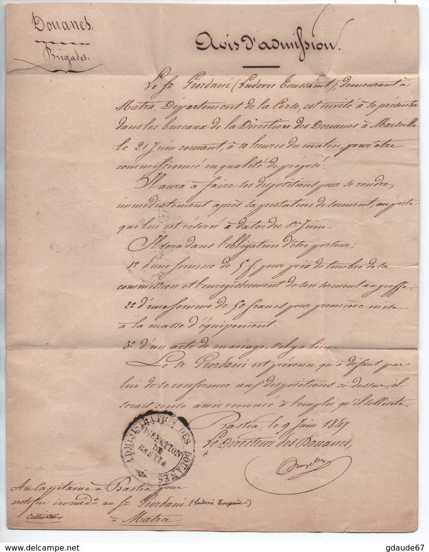 1847 - LETTRE Avec MP "LE DIRECTEUR DES DOUANES A BASTIA" (CORSE) - 1801-1848: Precursores XIX