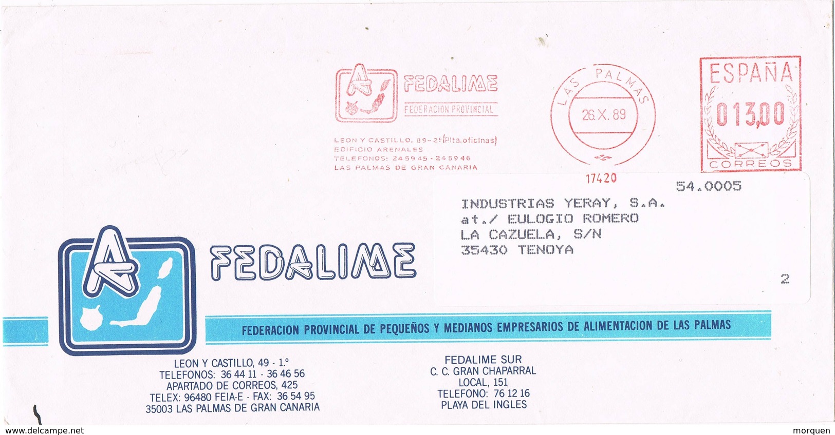 31183. Carta LAS PALMAS (Canarias) 1989. Franqueo Mecanico  FEDALIME Empresarios - Cartas & Documentos