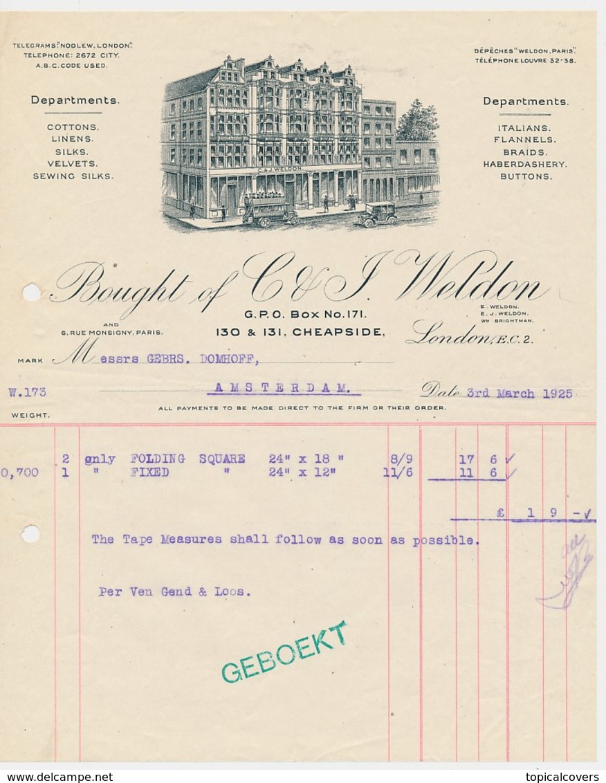 Factuur / Brief London 1925 - Weldon - Cottons - Linens - Silks - Velvets - Verenigd-Koninkrijk