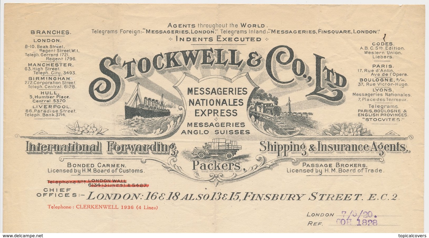 Factuur / Brief London 1920 - Stockwell & Co.- Packers -  Steamboat - Truck - Steam Train - Royaume-Uni